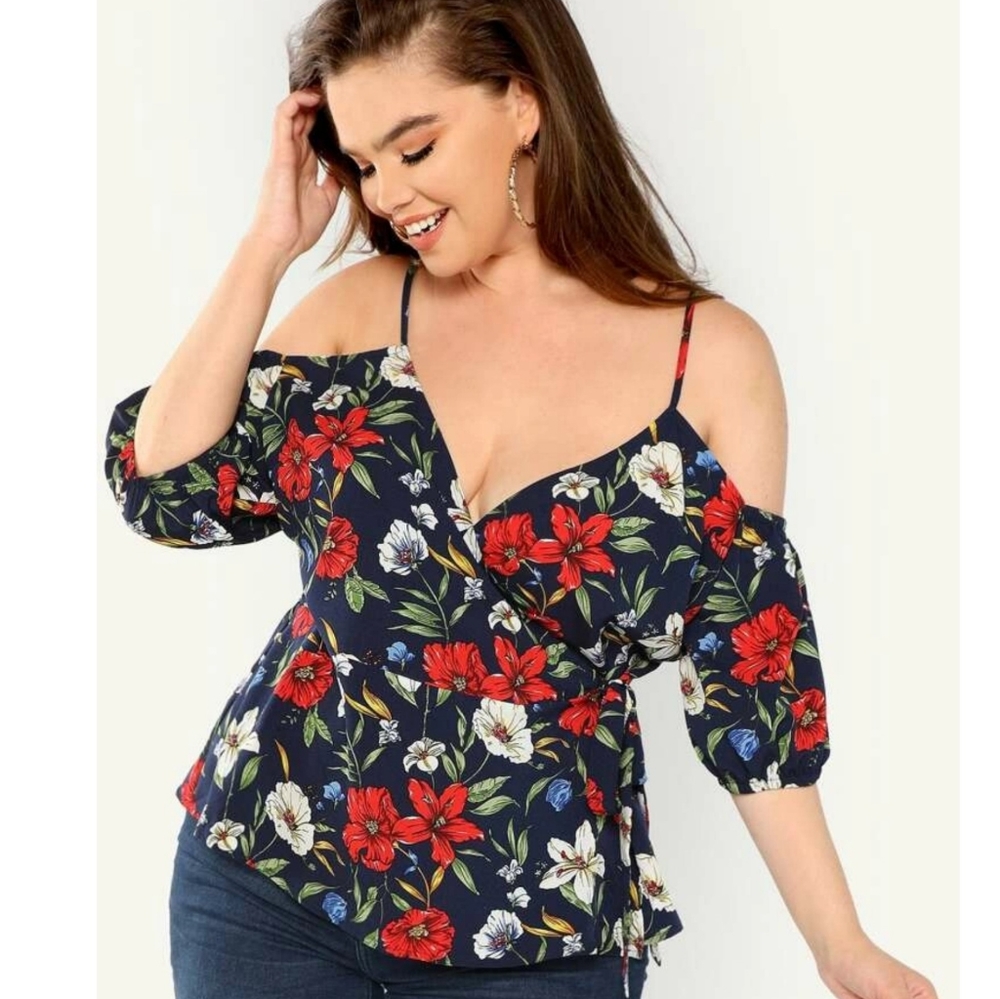 Cold shoulder floral wrap blouse